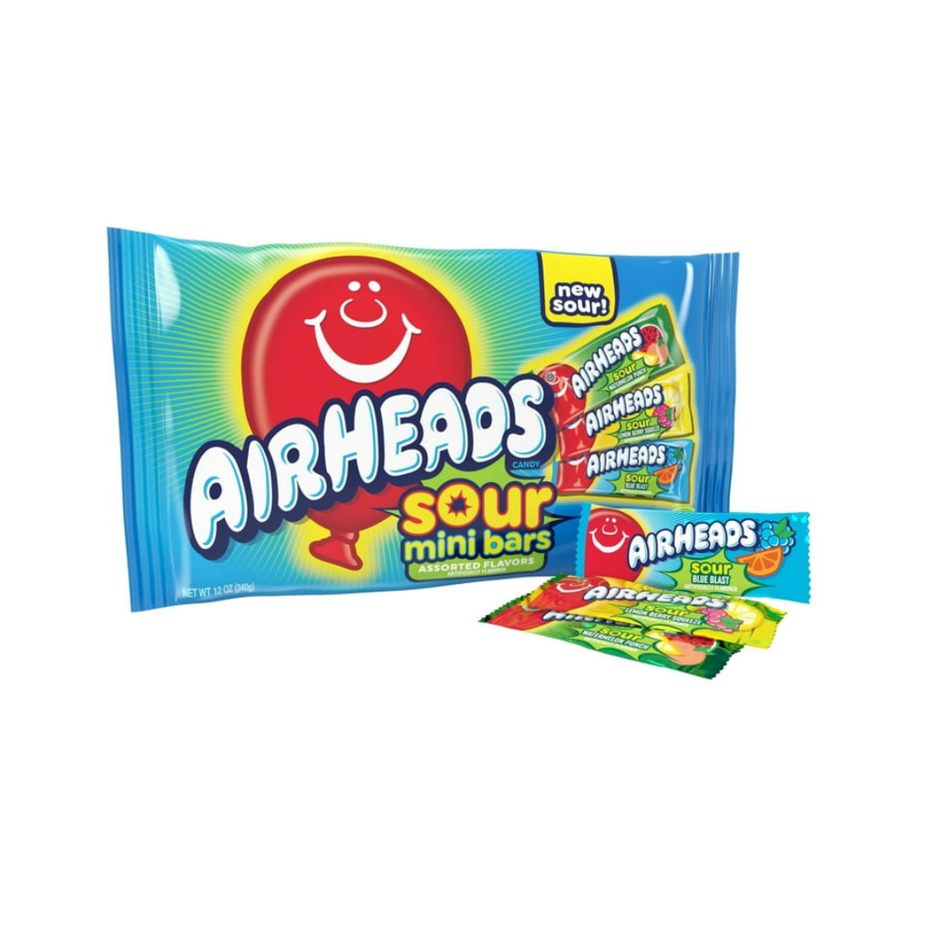Airheads Sour Mini Candy Bars, Taffy Candy Assorted Bag, Individually Wrapped Candy, Three Assorted Flavors, 12 Oz Bag, haggle goods