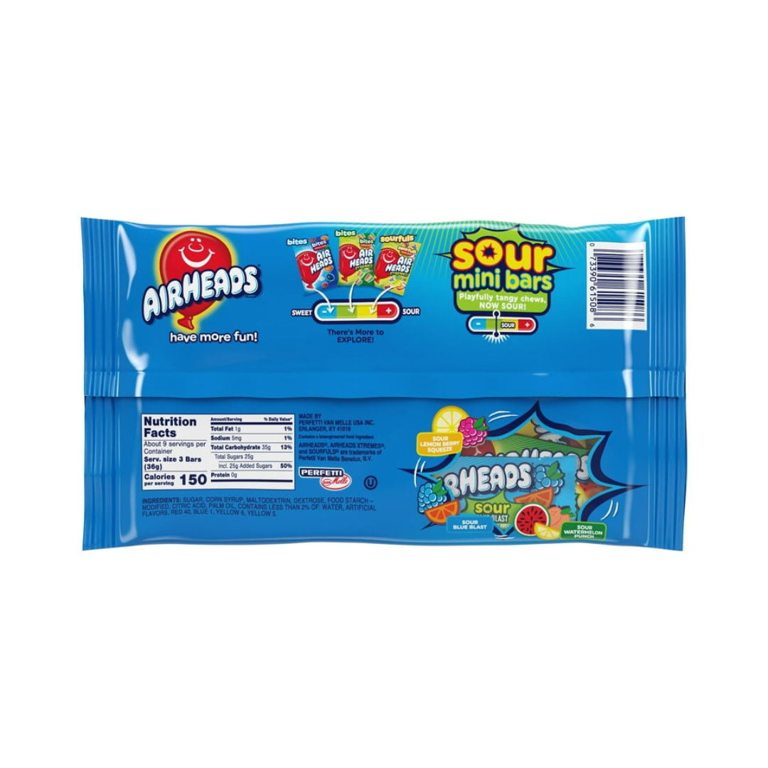 Airheads Sour Mini Candy Bars, Taffy Candy Assorted Bag, Individually Wrapped Candy, Three Assorted Flavors, 12 Oz Bag