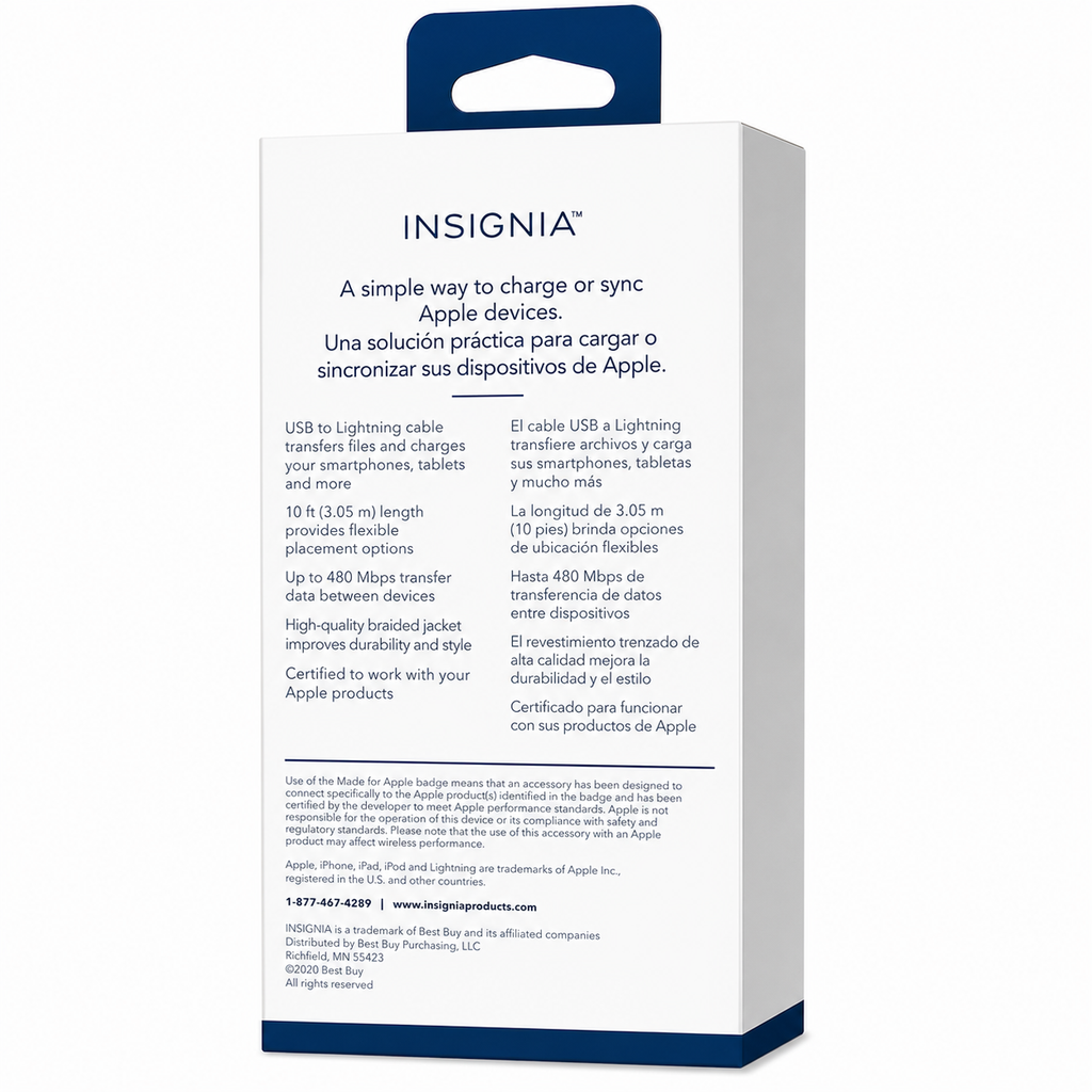 Insignia Braided Lightning to USB Cable, 10 ft. Length