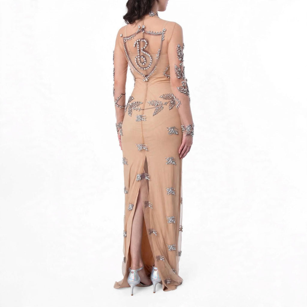 Burberry Lila Sheer Diamond-Embellished Evening Gown, Brand Size 6 (US Size 4)