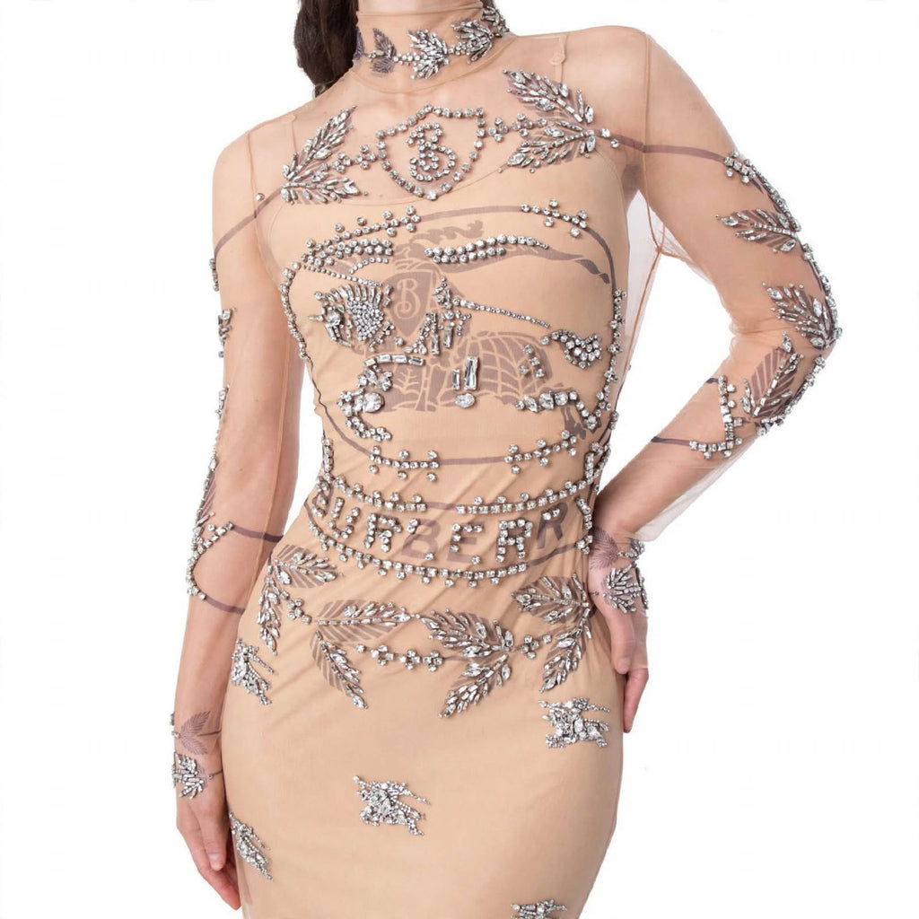 Burberry Lila Sheer Diamond-Embellished Evening Gown, Brand Size 6 (US Size 4)