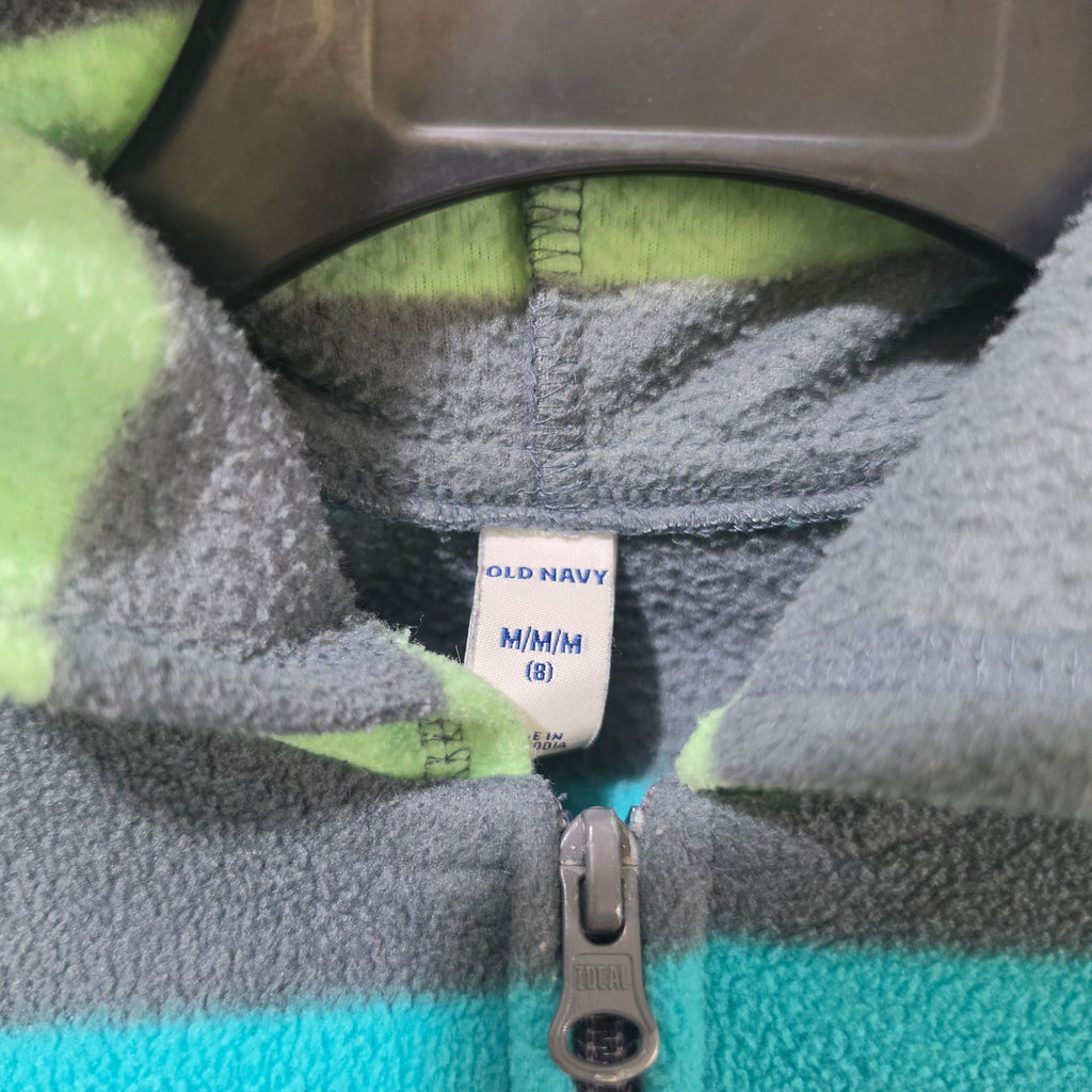 Old Navy Boys Fleece Hoodie Size 8 (M) - Striped Full Zip Jacket - Gray Teal Green, haggle goods, haggle store, Storage Seekers