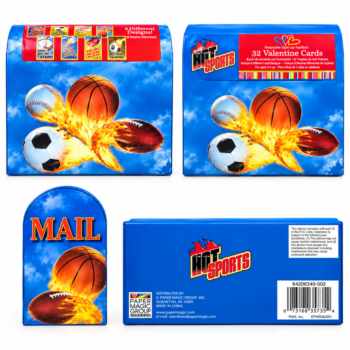 Hot Sports Light-Up Valentine Mailbox – 32 Cards, 8 Designs