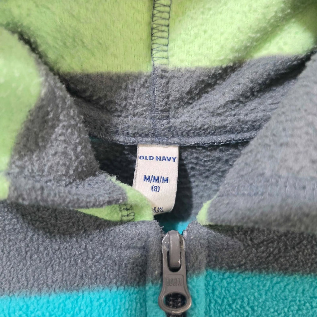 Old Navy Boys Fleece Hoodie Size 8 (M) - Striped Full Zip Jacket - Gray Teal Green, haggle goods, haggle store, Storage Seekers