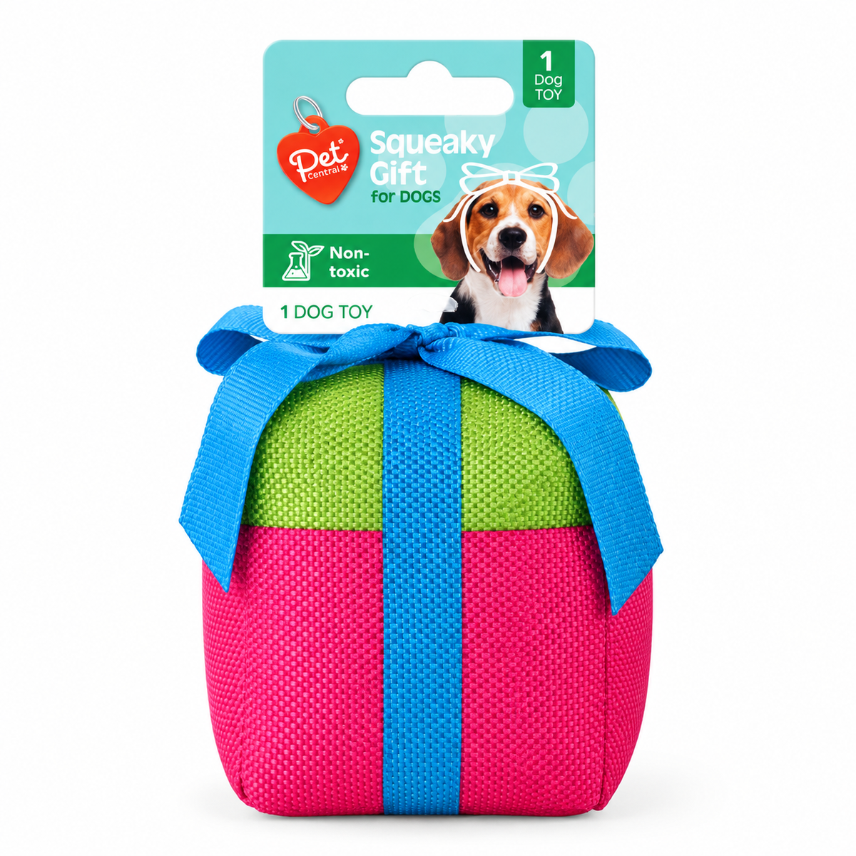 Pet Central Squeaky Gift Dog Toy – Plush Present with Blue Ribbon
