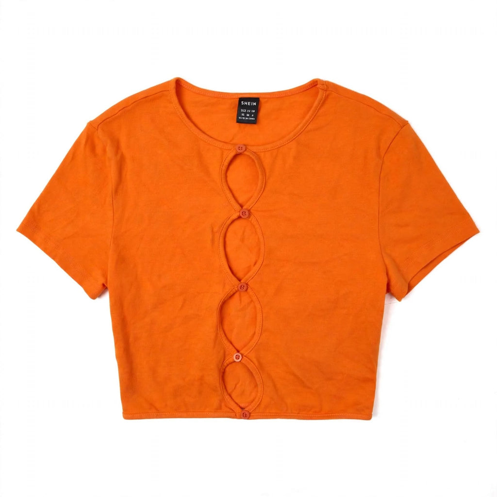 SHEIN Orange Cutout Button Crop Top - Size M (US 6) | Women's Short Sleeve Cropped T-Shirt