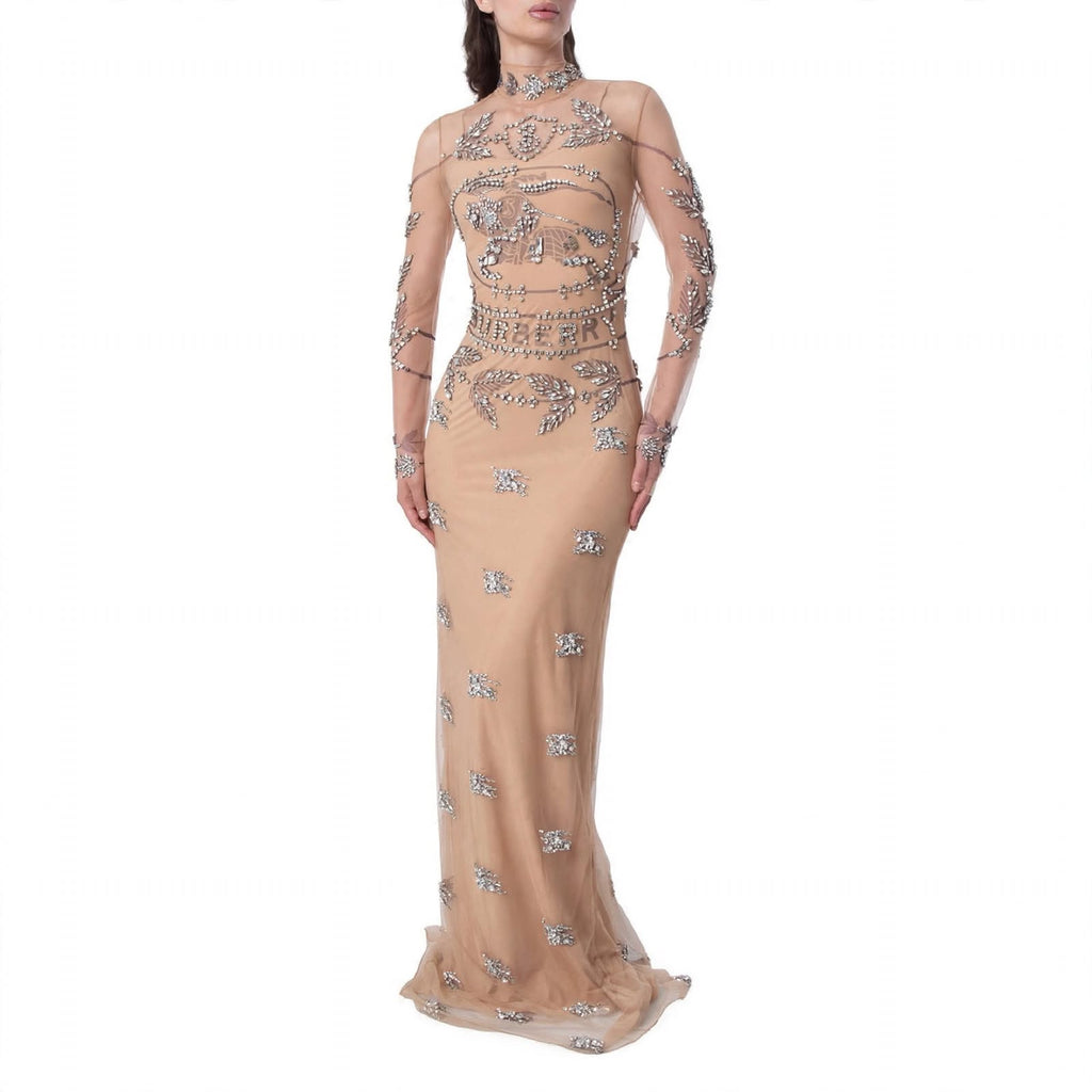 Burberry Lila Sheer Diamond-Embellished Evening Gown, Brand Size 6 (US Size 4)