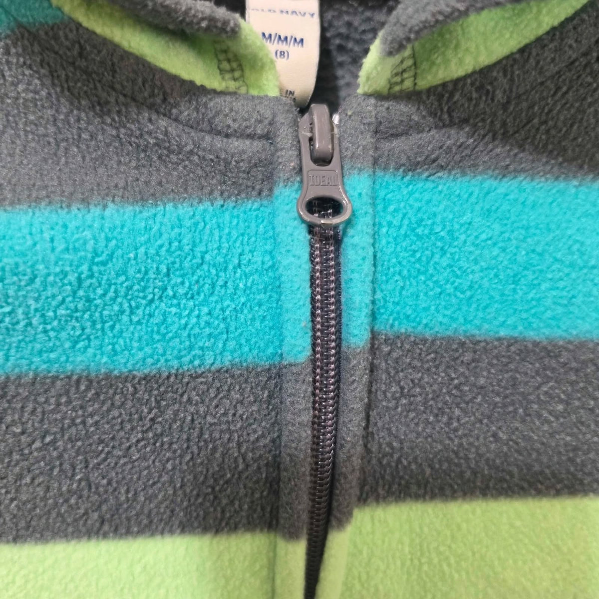 Old Navy Boys Fleece Hoodie Size 8 (M) - Striped Full Zip Jacket - Gray Teal Green, haggle goods, haggle store, Storage Seekers